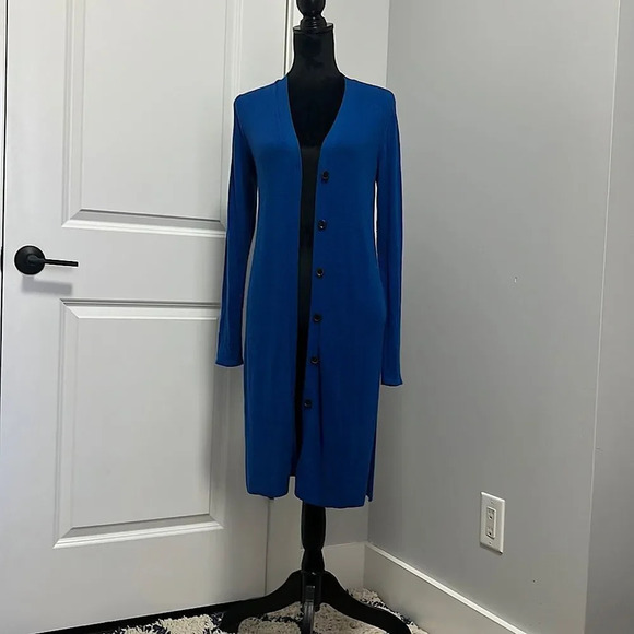 Ann Taylor Cardigan Royal Blue knee length long sleeve with buttons size Small - Picture 1 of 7